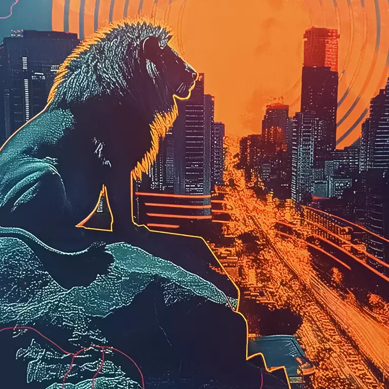 created with multimedia, using halftones, line art, burnt colours etc.
