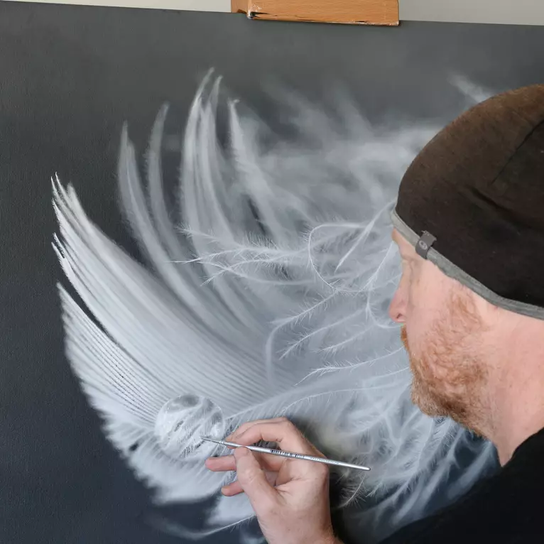 Chris Summer art artist painting feather — detail