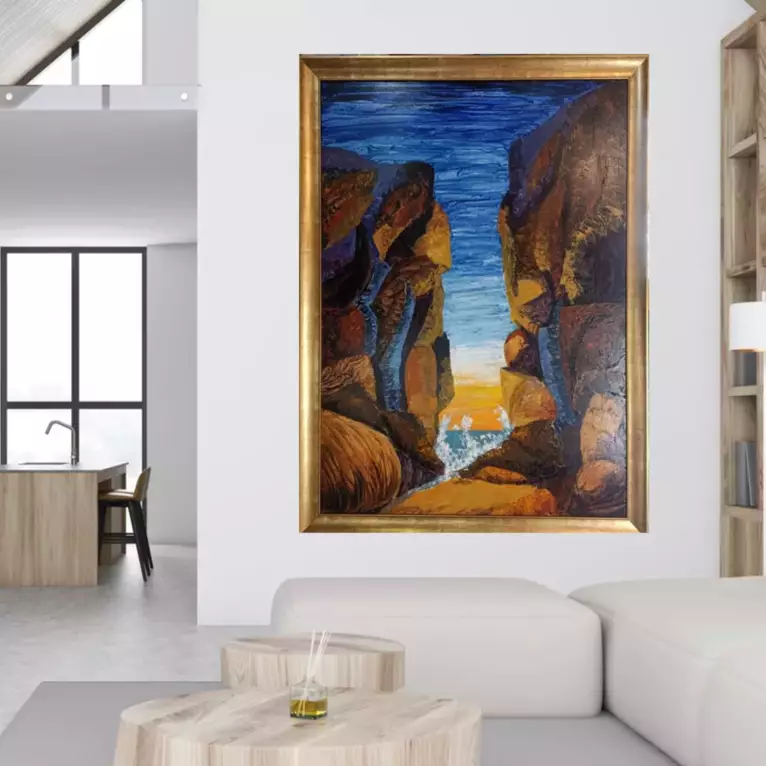 A gap between two cliff faces with a channel in between. — shown in a room setting