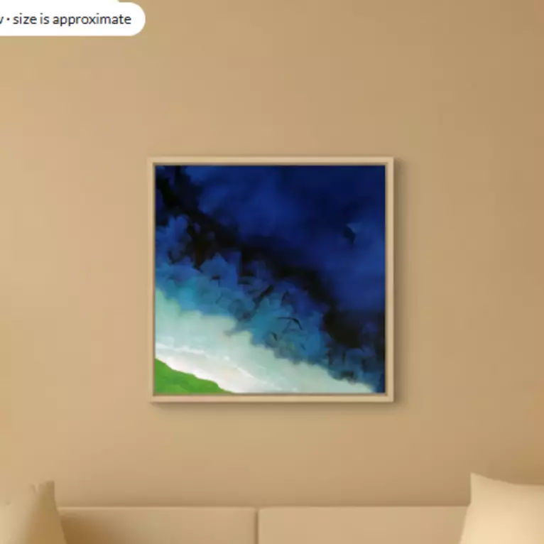 abstract blue and white painting of sand and adjacent deep ocean water expressionism — shown hanging