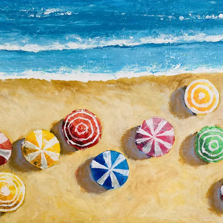 Overhead beach painting with colourful umbrellas on golden sand beside a blue ocean