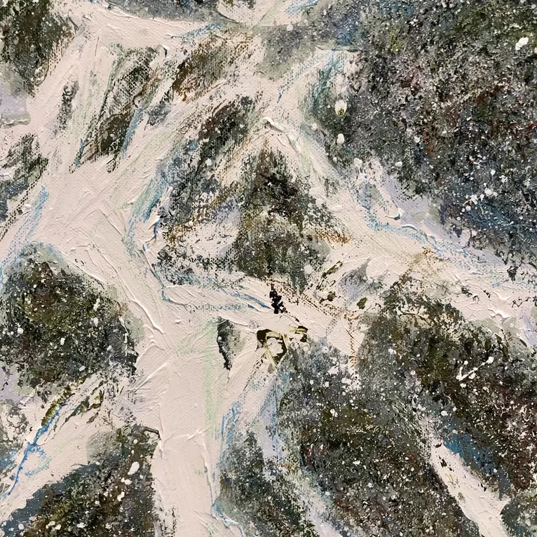 'Thredbo inspiration’ Acrylic and artist crayon on canvas (91x91cm) Ready to hang Comes with certificate of auth… — edge view