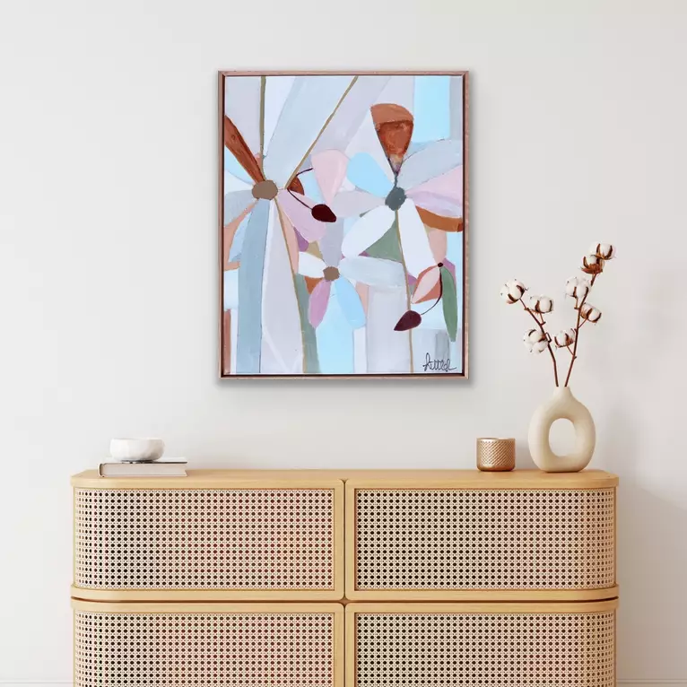 This artwork presents a playful dance of colours and shapes, inspired by the beauty of nature. Perfect for a… — shown hanging