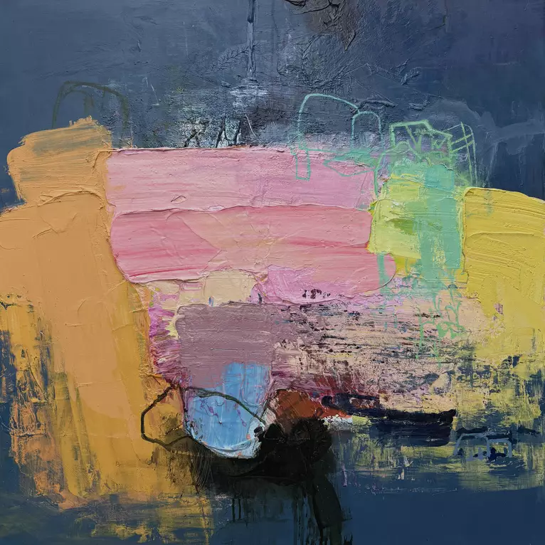 abstract painting with blues yellows and orange