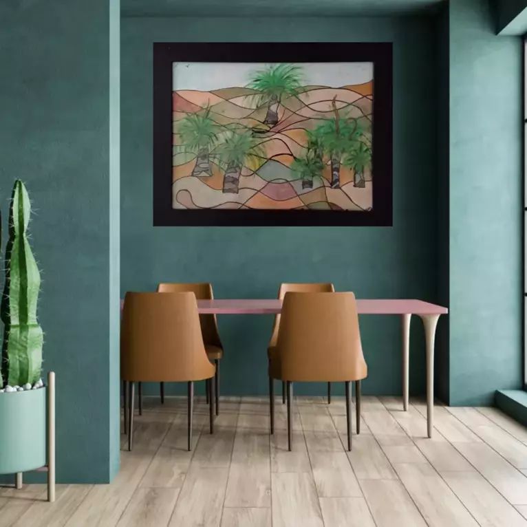Using shape and colour to identify the movement of ground in farming paddocks, dry under the harsh… — shown in a room setting