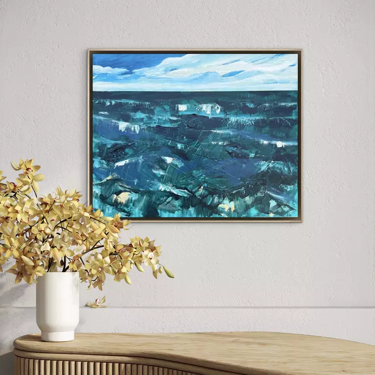 At the top 1/3 of the canvas the blue sky has white clouds lightly highlighted ochre yellow in front of white st… — edge view