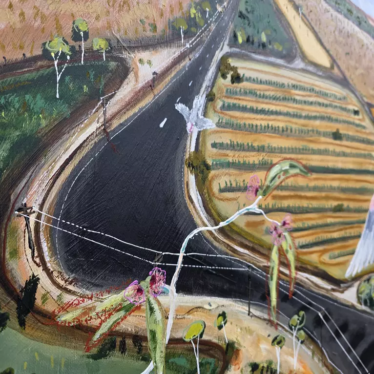 an aerial perspective bright and colourful large landscape painting of countryside and ausralian birds, gum … — shown hanging