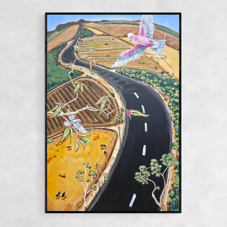an aerial perspective bright and colourful large landscape painting of countryside and ausralian birds, gum trees and farmla…