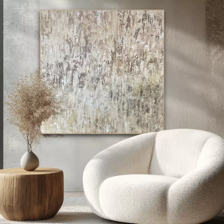 A textured abstract painting in warm, earthy tones of ochre, blush, beige, clay and brown. The surface … — artist's signature