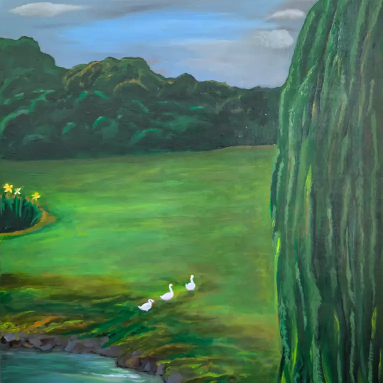 A vertical contemporary landscape painting rendered in rich acrylics on a rectangular canvas. The right side of the composit…