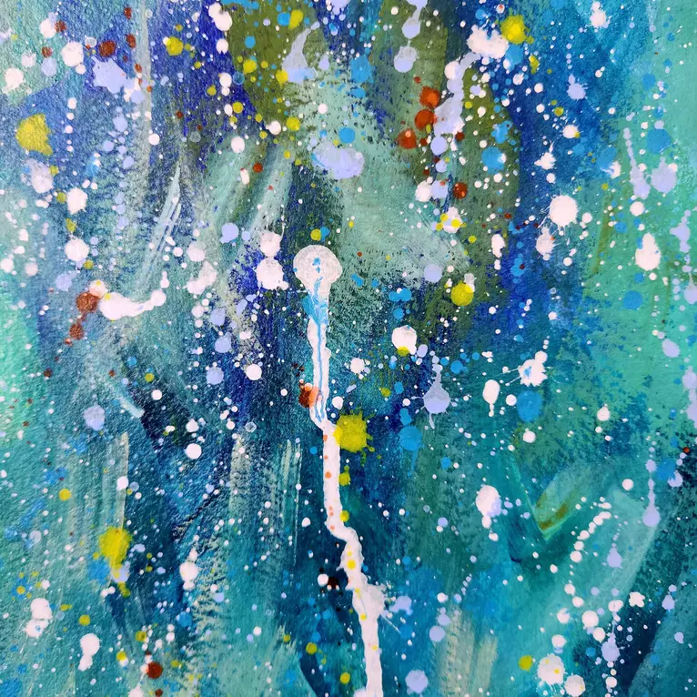 Multiple rain droplets falling with multiple hues of blue — detail