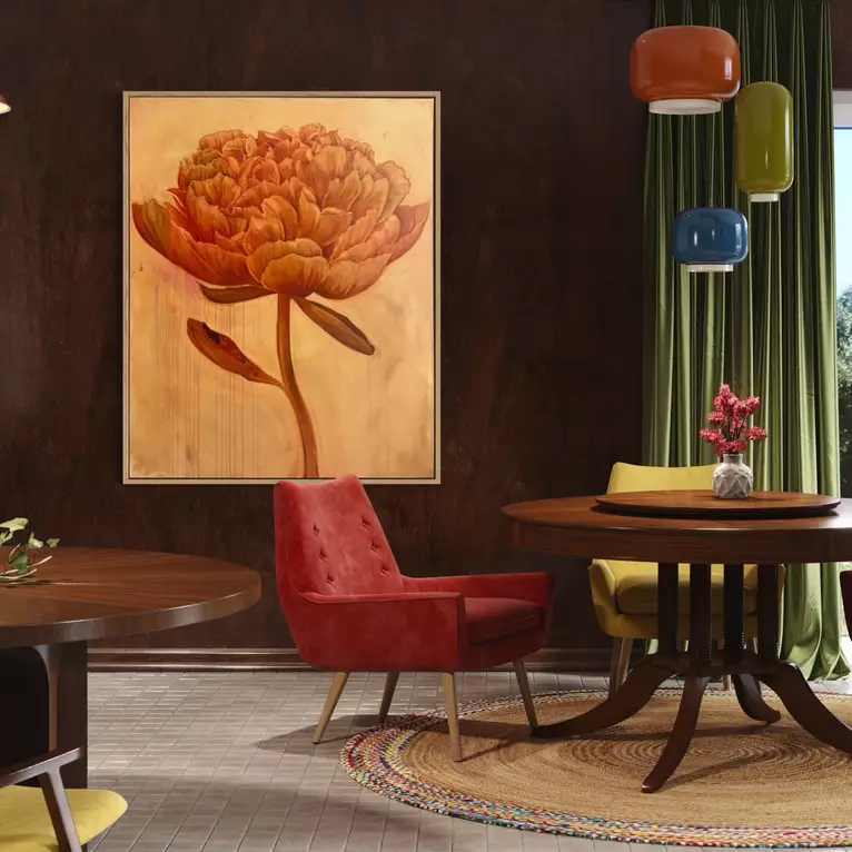 Burnt sienna peony flower on a yellow ochre background with paint marks and drips on layers beneath — shown hanging