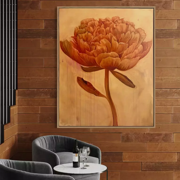 Burnt sienna peony flower on a yellow ochre background with paint marks and drips on layers beneath
