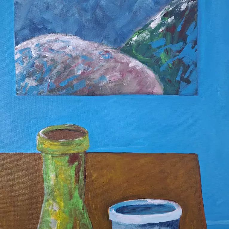 Collected Forms is a still life painting featuring a green glass bottle, a white ceramic vase, and a terracotta pot… — detail