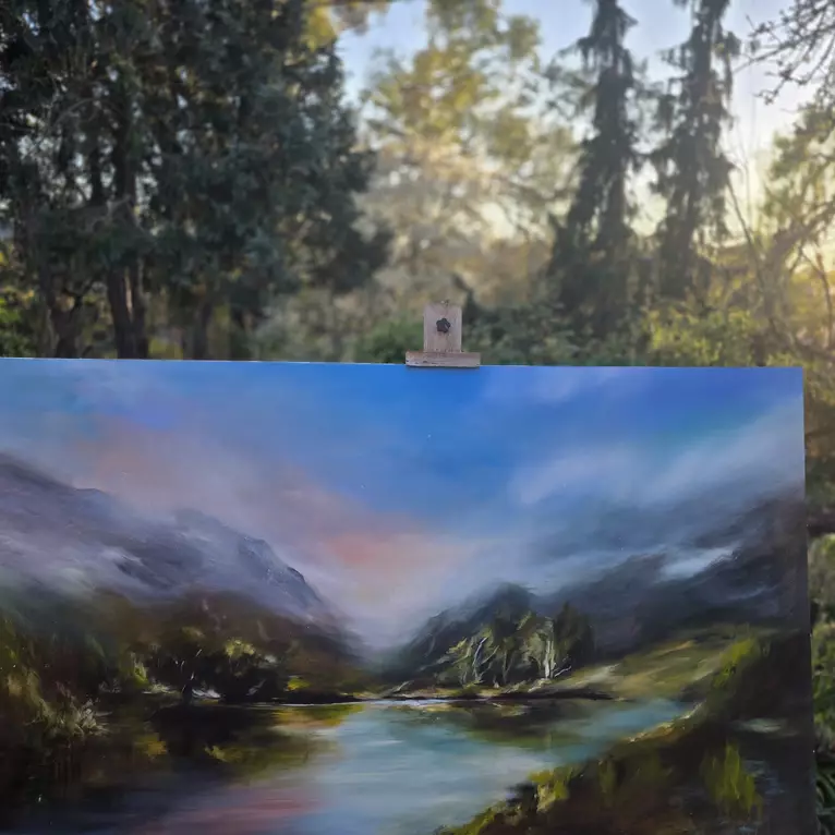 River and Mountain scene — artist's signature