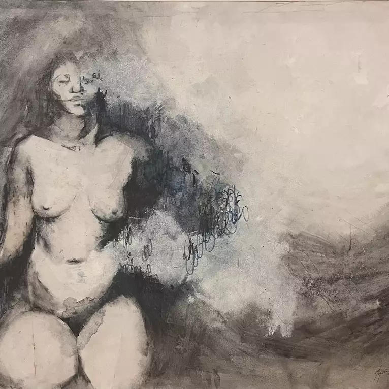 Occlusion is a figurative study of the nude female form, combining water-soluble graphite, charcoal, blue watercolour and wh…