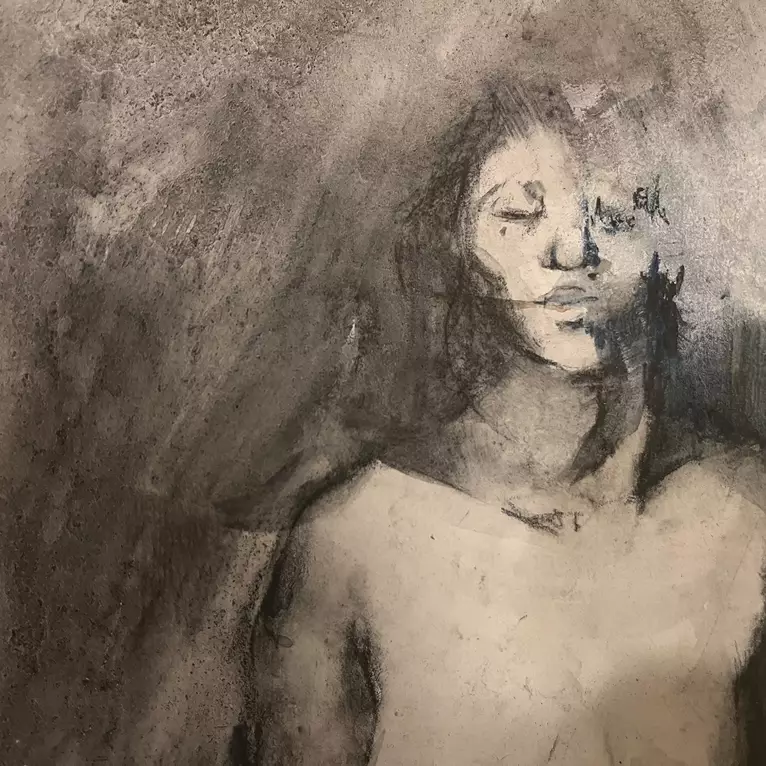 Occlusion is a figurative study of the nude female form, combining water-soluble graphite, charcoal, blue watercolo… — detail