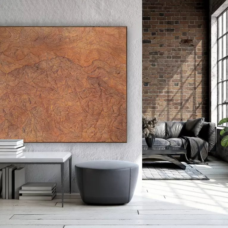 Large-scale abstract painting on unstretched canvas featuring intricate flowing linework in warm earthy tones. Inspired by n…