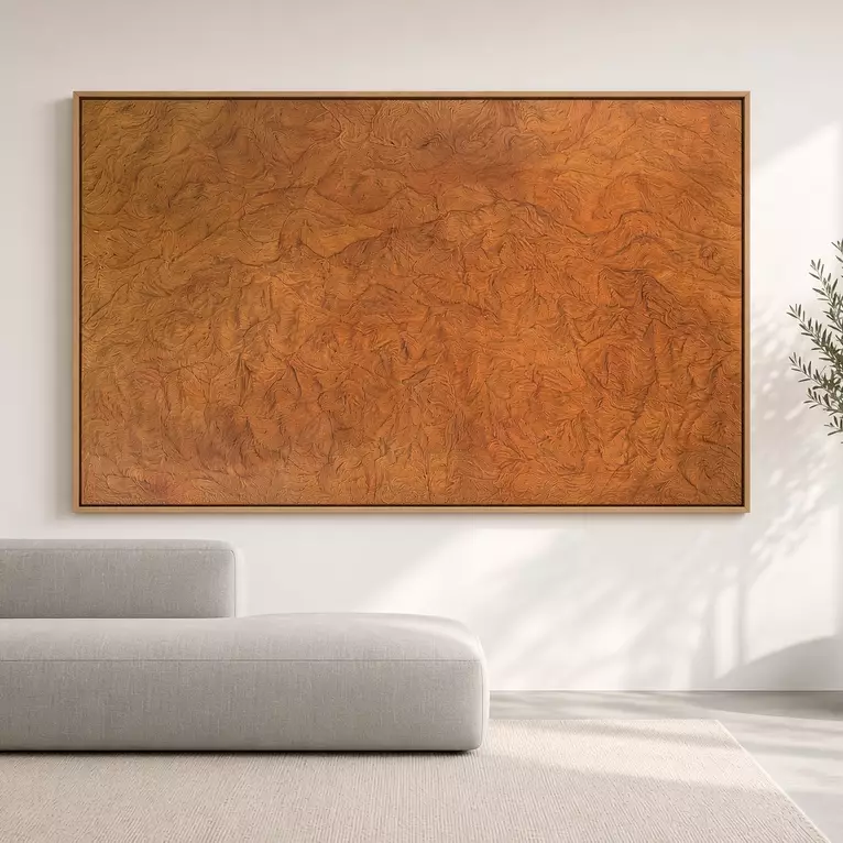 Large-scale abstract painting on unstretched canvas featuring intricate flowing linework in warm earthy… — artist's signature