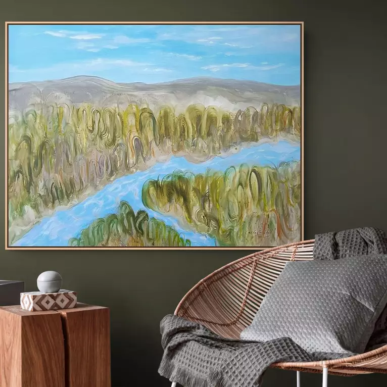an abstract of mountains and the outback with a river — edge view