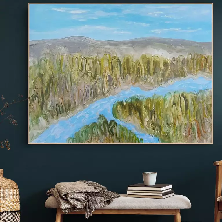 an abstract of mountains and the outback with a river