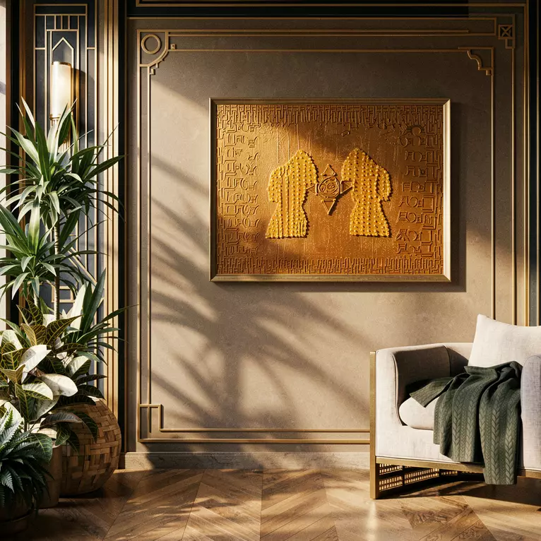 Gold and Bronze, this work is reminiscent of ancient text and Chinese characters, with small detail such as figures walking,…