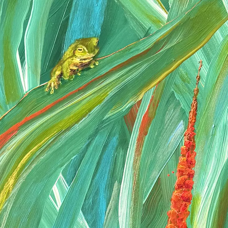 A green Australian treefrog sits looking over a lush tropical forest scene. A brilliant red flower spike features i… — detail