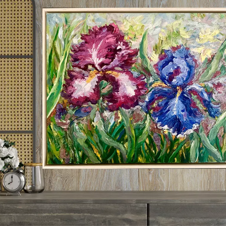 Pallet knife textured ruby red and saffire blue irises in cottage garden, framed in off-white wood. — shown hanging