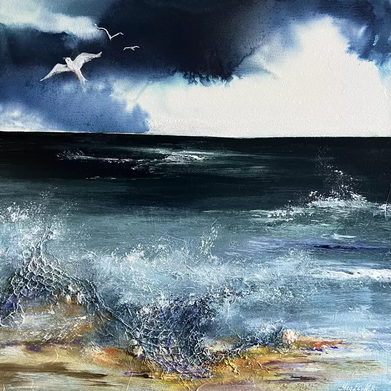 A beautiful beach scene with some very tiny shells on canvas.