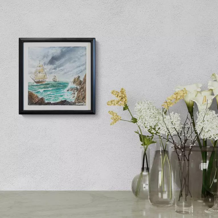 This watercolor painting depicts two traditional tall ships navigating rough, turquoise seas framed by rocky cliffs under a …