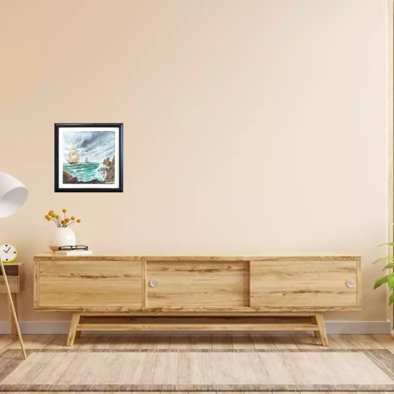 This watercolor painting depicts two traditional tall ships navigating rough, turquoise seas frame… — shown in a room setting