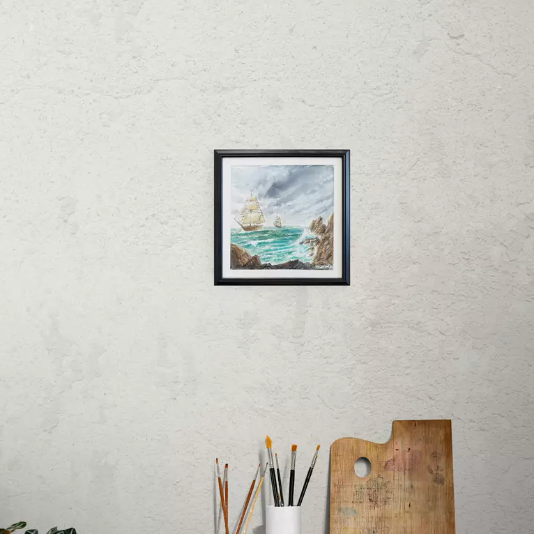 This watercolor painting depicts two traditional tall ships navigating rough, turquoise seas framed by rocky… — shown hanging