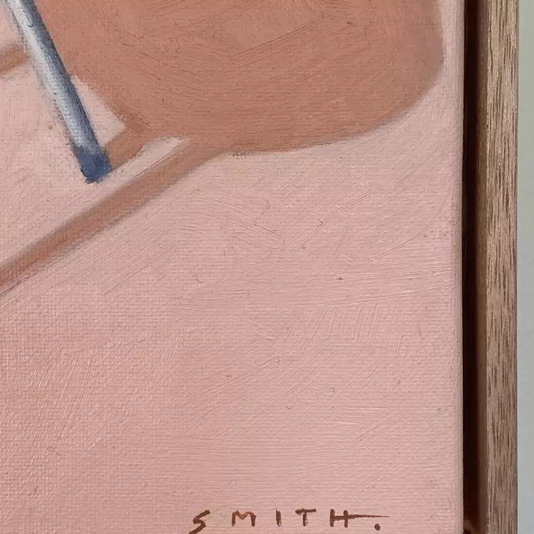 a portable three-legged barbecue on pink background — artist's signature