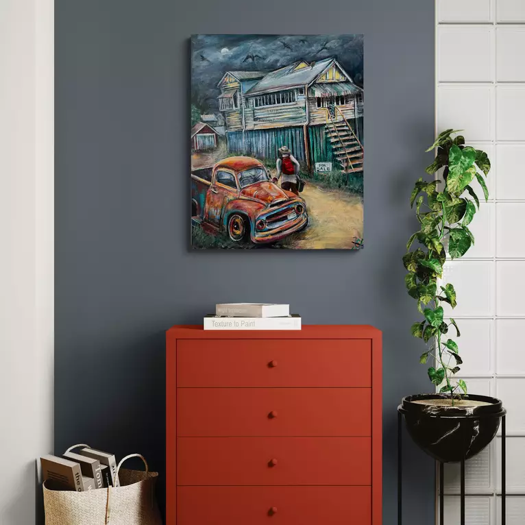 Nocturnal landscape depicting old Qld house, with a rusty ute ib foreground and a person walking with his bags