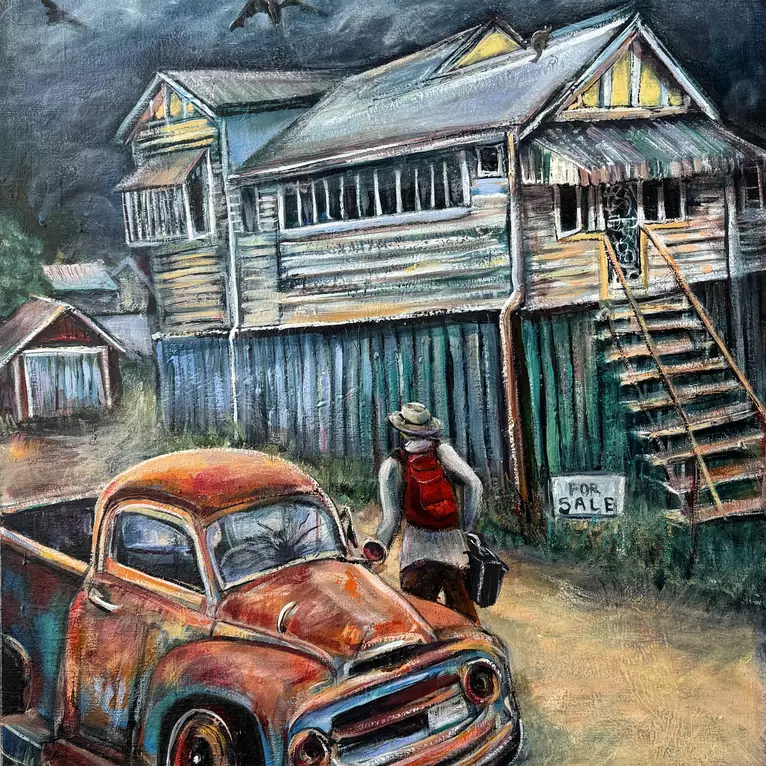 Nocturnal landscape depicting old Qld house, with a rusty ute ib foreground and a person walking with his bags
