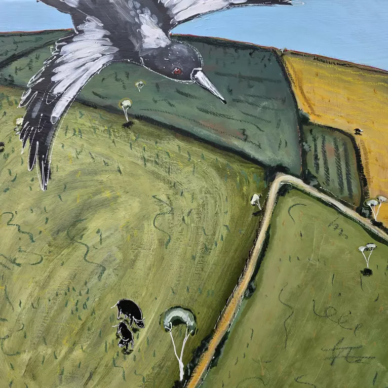 a distorted aerial perspective of fields in a rural town with cows, trees and magpies — edge view