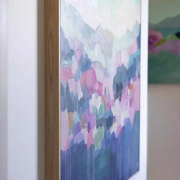 Large square painting on canvas, showing hillsides with colourful abstract brushmarks and lines, with a view of … — edge view