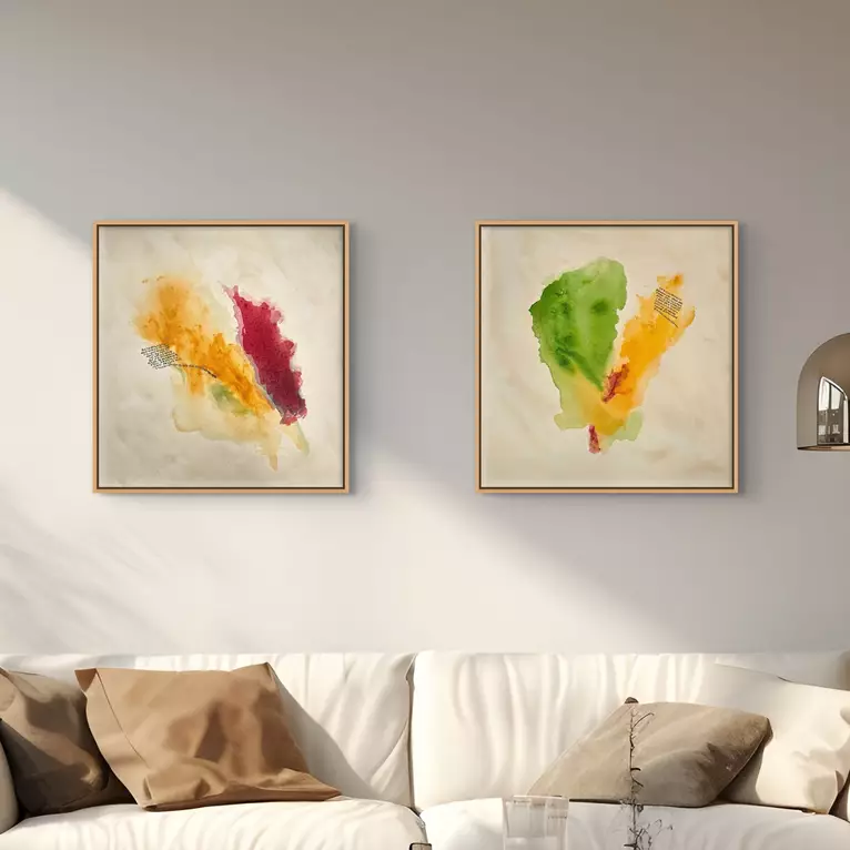 The colour fields of translucent green and yellow ochre form the faint suggestion of a human face with featu… — shown hanging