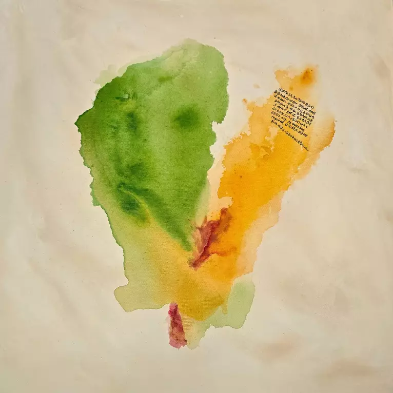 The colour fields of translucent green and yellow ochre form the faint suggestion of a human face with features that emerge …