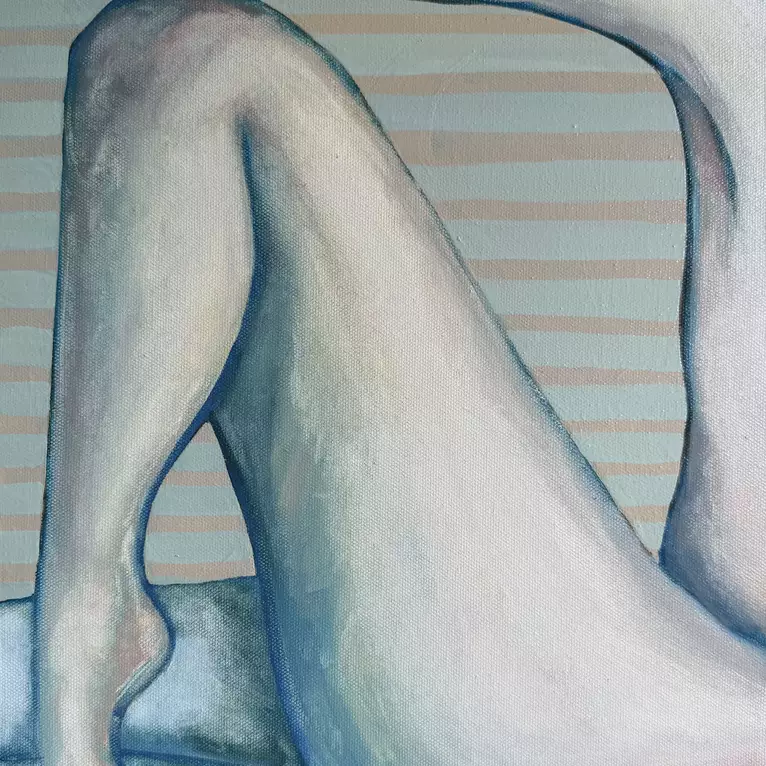 A framed painting of a nude figure curled on its side, legs bent and drawn up. Soft blue-grey skin against a background of p…