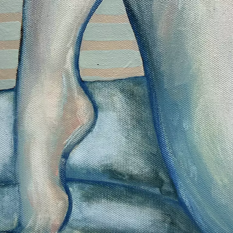 A framed painting of a nude figure curled on its side, legs bent and drawn up. Soft blue-grey skin against a backgr… — detail