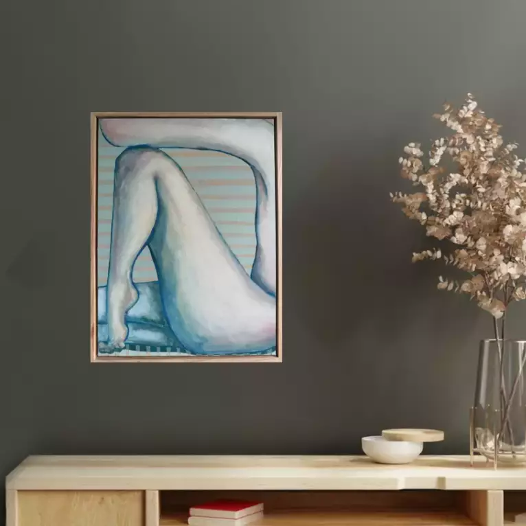 A framed painting of a nude figure curled on its side, legs bent and drawn up. Soft blue-grey skin… — shown in a room setting