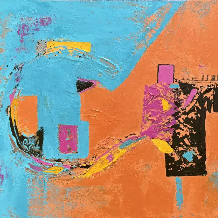 An expressive abstract acrylic painting featuring a vibrant contrast between bright cerulean blue and warm burnt orange back…