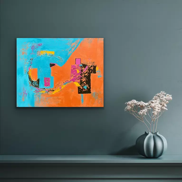 An expressive abstract acrylic painting featuring a vibrant contrast between bright cerulean blue and warm burnt or… — detail