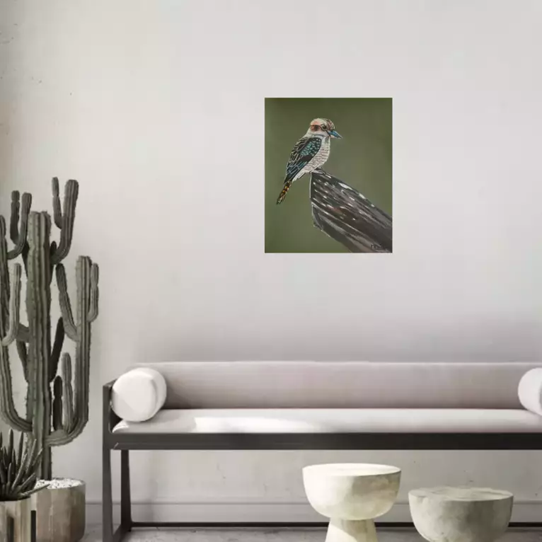 Kookaburra looking on by Moira Briel — shown in a room setting