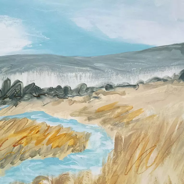 an abstract of mountains and hills in greens — shown hanging