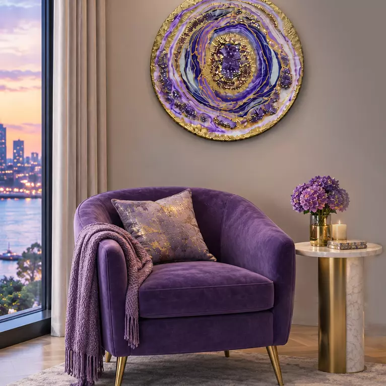 Round geode resin art in purple and gold with crystals, glass and gold foil leaf.