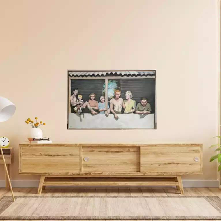 6 Adults and one child stand, looing out, in the front of a weatherboard house with a wonky iron r… — shown in a room setting