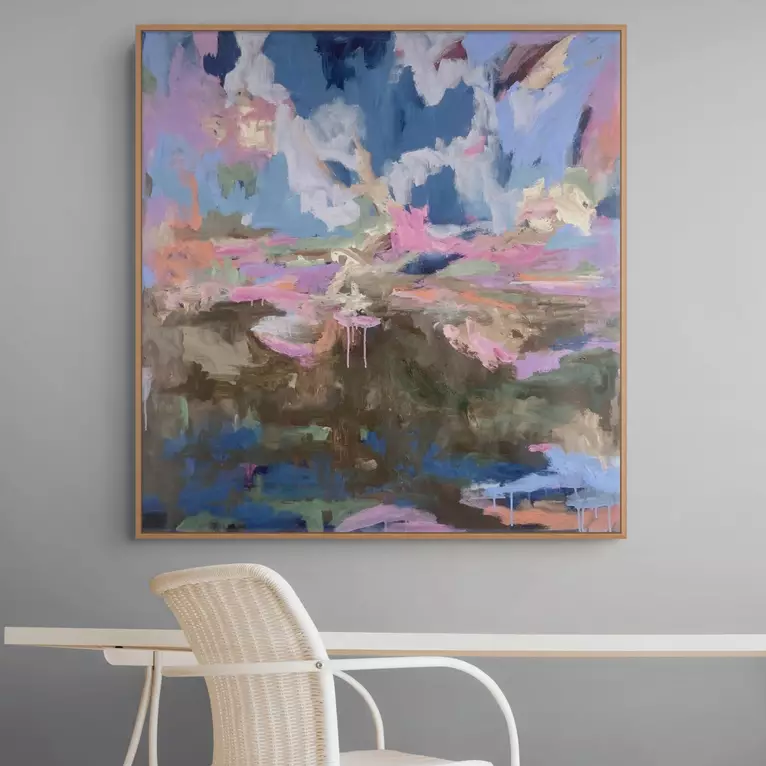 an abstracted landscape scene with vivid pops of colour