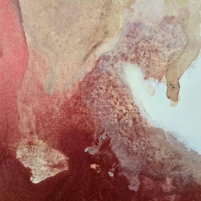 Expressionist flowing shape in red ochre, caramel and white on a cream and caramel background. — detail